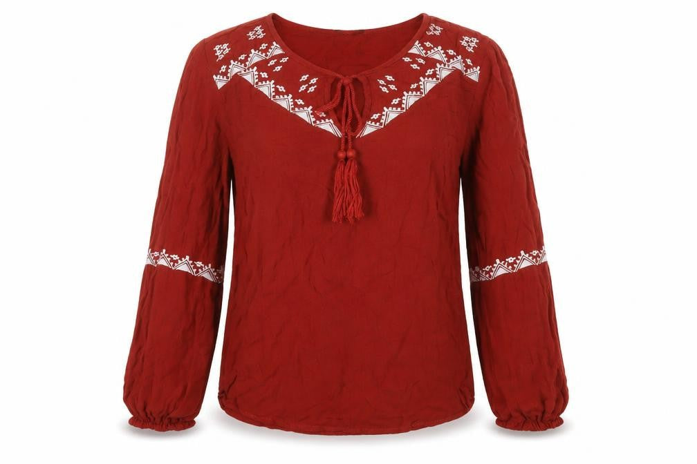 Select Womens Brown Cotton Basic Blouse Size 6 Crew Neck - Embroidered