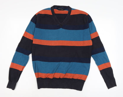 Additional front view of French Connection men’s multicoloured v-neck striped cotton jumper, size S, long sleeve