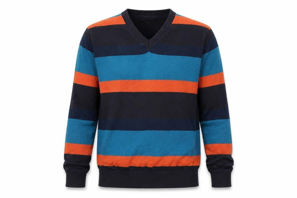 French Connection Mens Multicoloured V-Neck Striped Cotton Pullover Jumper Size S Long Sleeve
