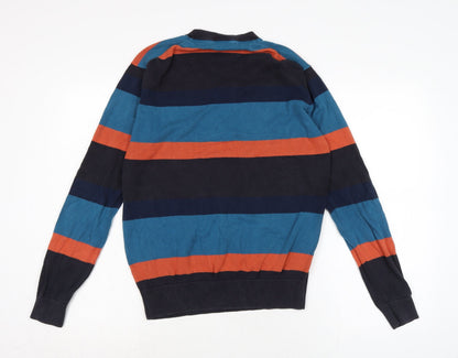 Back view of French Connection men’s multicoloured v-neck striped cotton jumper, size S, long sleeve