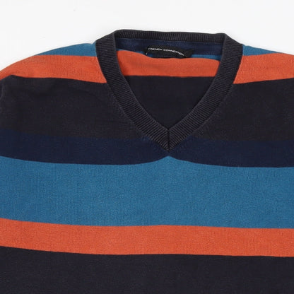 Close-up detail of French Connection men’s multicoloured v-neck striped cotton jumper, size S, long sleeve