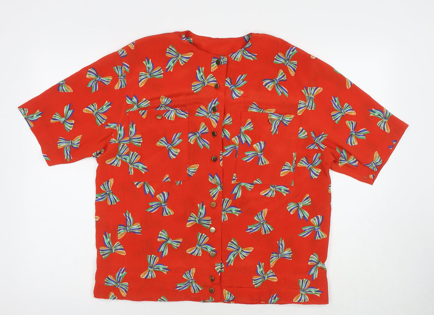 MAI Womens Red Geometric Polyester Basic Button-Up Size 12 V-Neck - Bow
