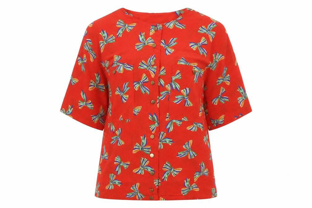 MAI Womens Red Geometric Polyester Basic Button-Up Size 12 V-Neck - Bow