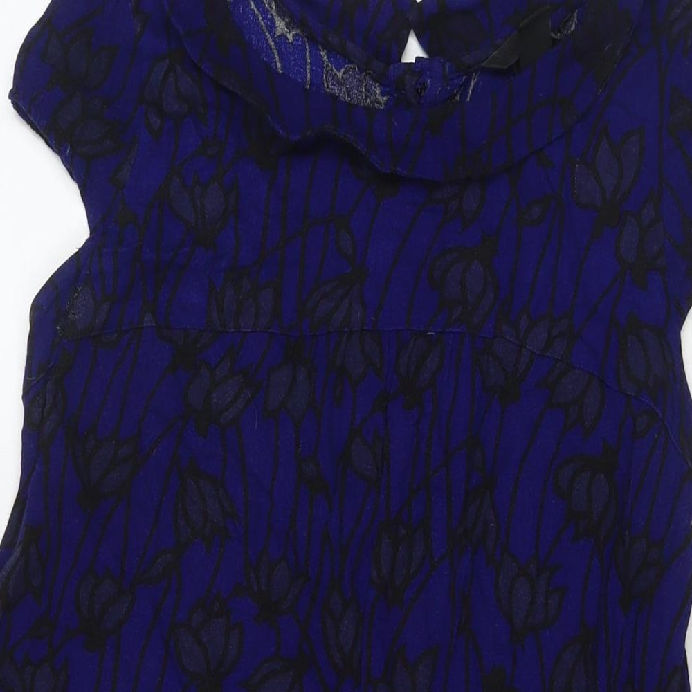 H&M Womens Blue Floral Polyester A-Line Size 10 Round Neck Button