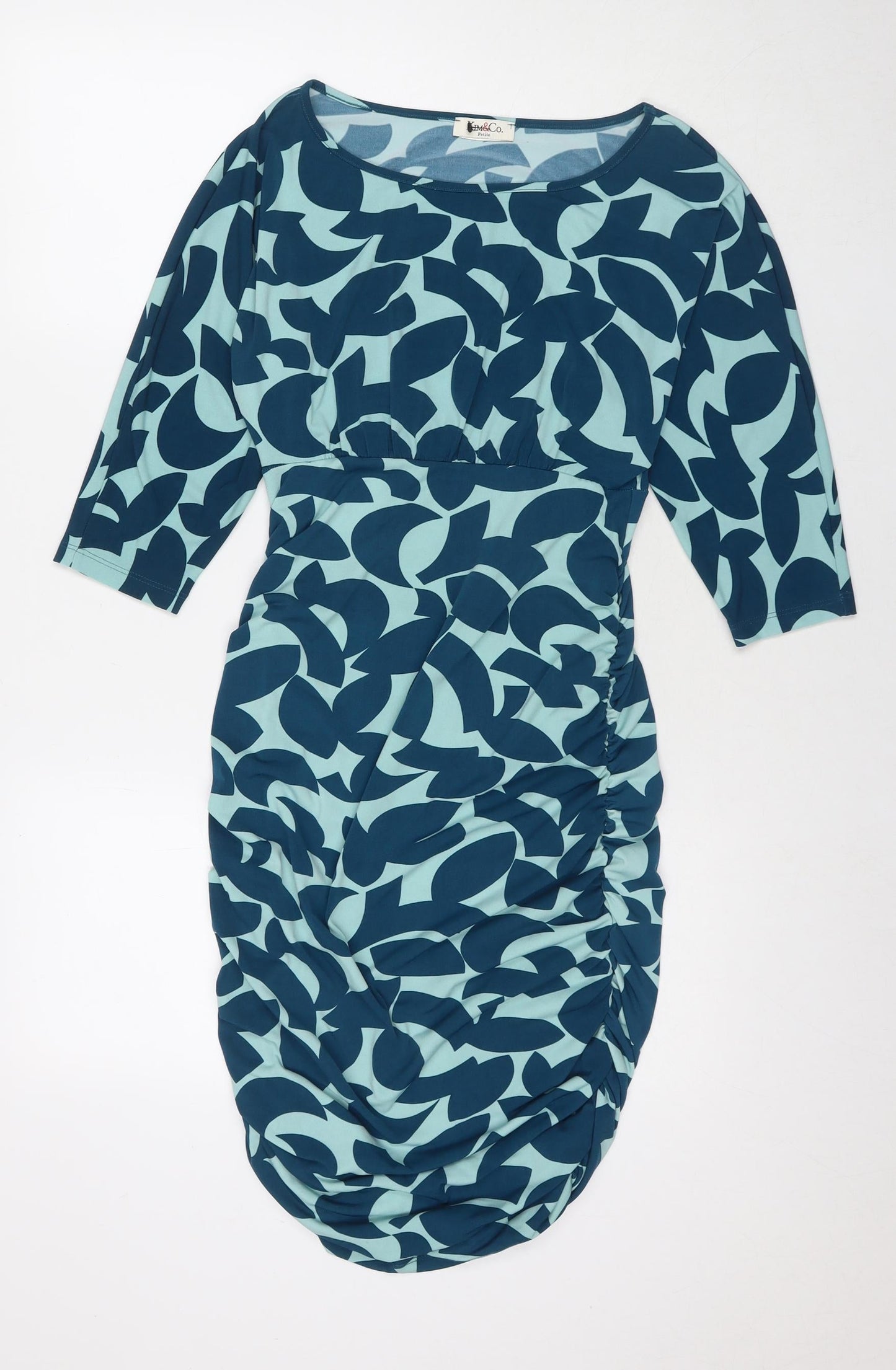 Kim&Co Womens Blue Geometric Polyester A-Line One Size Round Neck Pullover