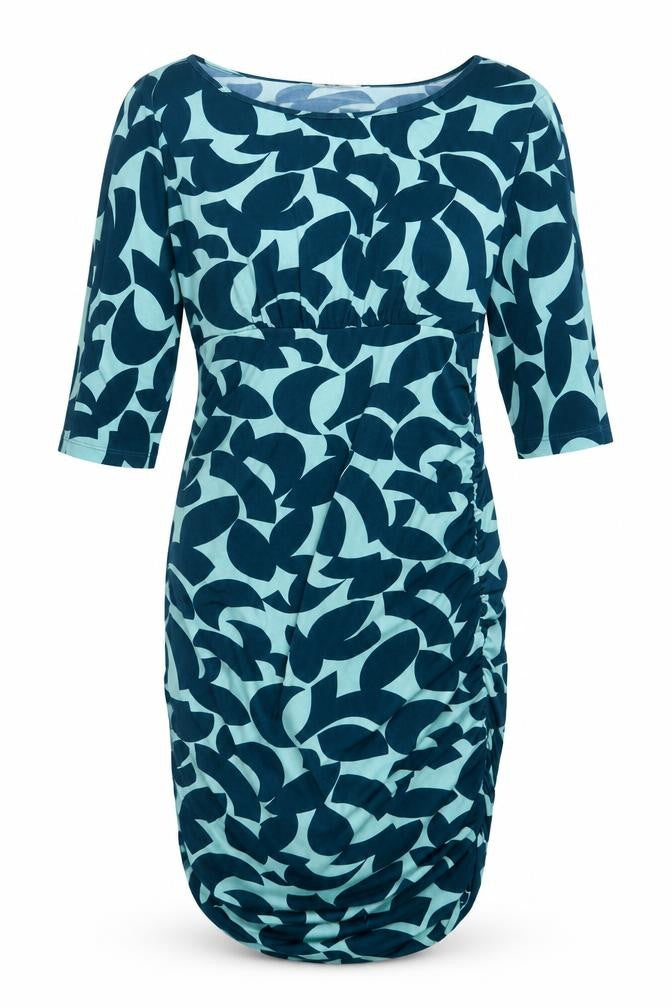 Kim&Co Womens Blue Geometric Polyester A-Line One Size Round Neck Pullover