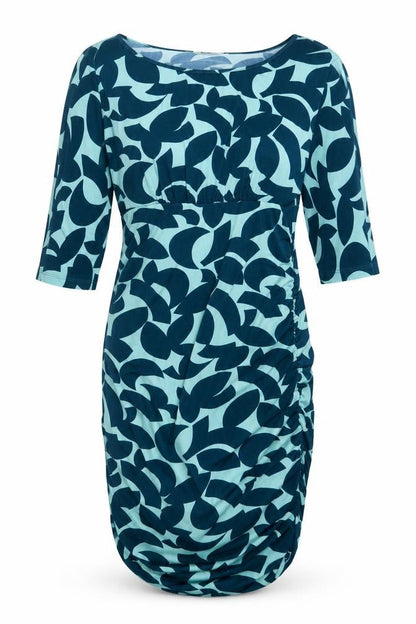 Kim&Co Womens Blue Geometric Polyester A-Line One Size Round Neck Pullover