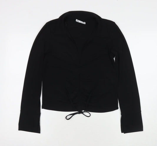 Zara Womens Black Polyester Basic Blouse Size S Collared