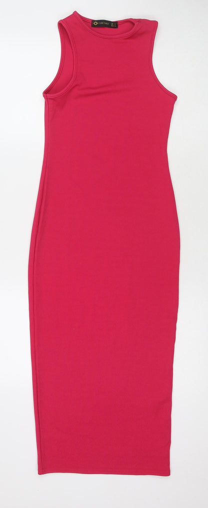 Additional front view of I SAW IT FIRST women’s pink polyester bodycon, size UK 6, round neck pullover