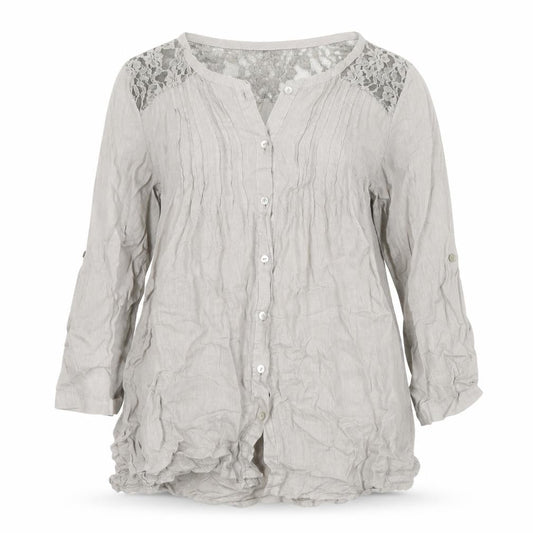 Made in Italy Womens Grey Linen Basic Button-Up Size L Round Neck