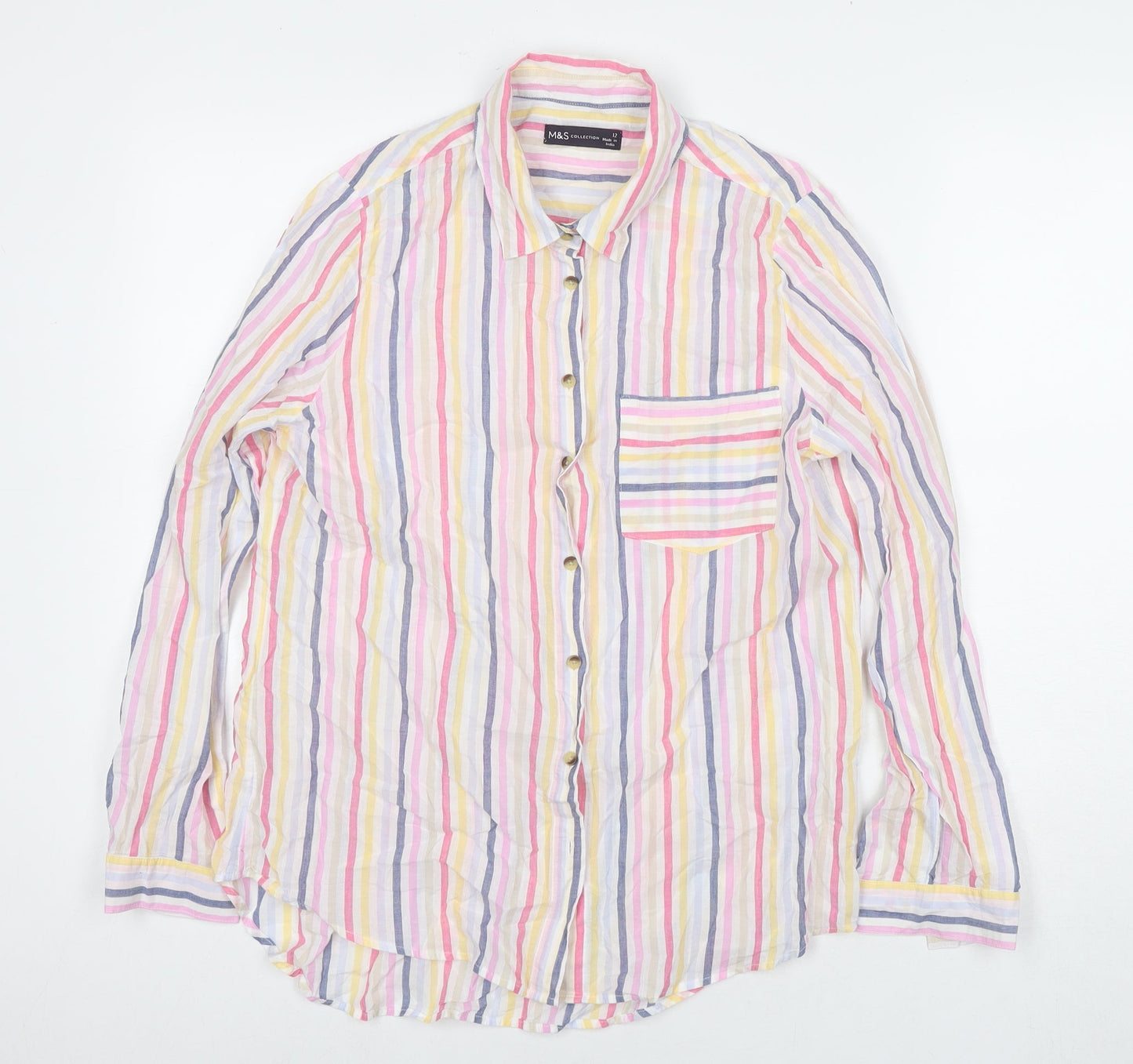 Marks and Spencer Womens Multicoloured Striped Cotton Basic Button-Up Size 12 Collared