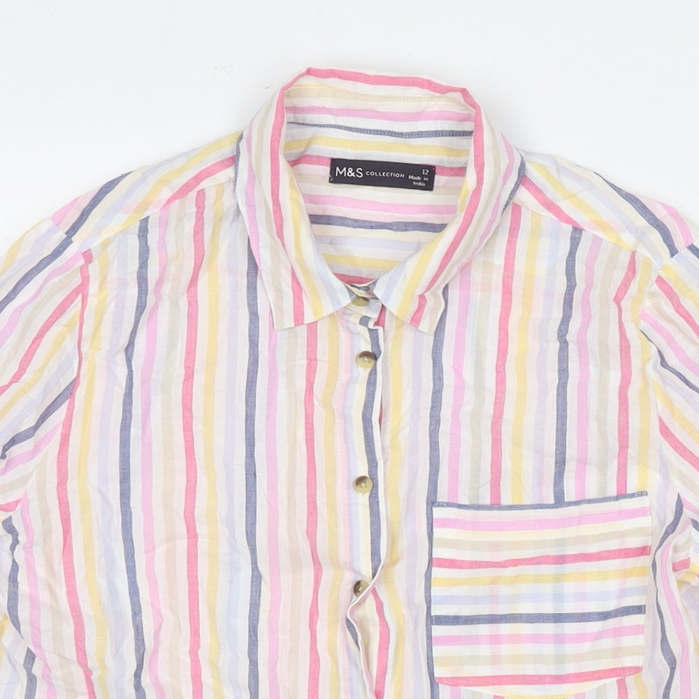 Marks and Spencer Womens Multicoloured Striped Cotton Basic Button-Up Size 12 Collared