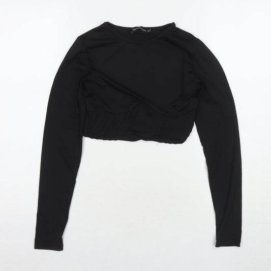 PRETTYLITTLETHING Womens Black Polyester Cropped T-Shirt Size 6 Round Neck