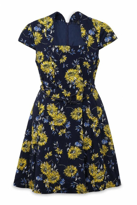 Izabel Womens Blue Floral Cotton A-Line Size 12 V-Neck Zip