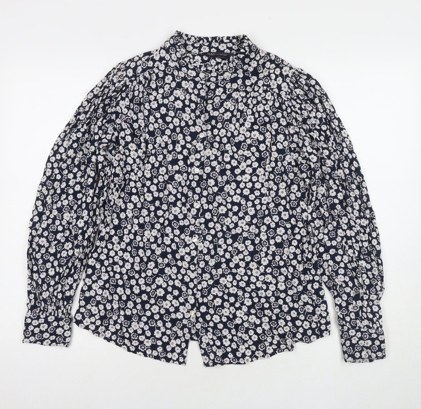 Marks and Spencer Womens Blue Floral Viscose Basic Button-Up Size 8 Round Neck