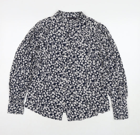 Marks and Spencer Womens Blue Floral Viscose Basic Button-Up Size 8 Round Neck