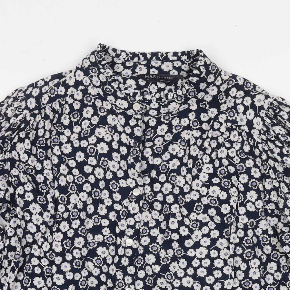 Marks and Spencer Womens Blue Floral Viscose Basic Button-Up Size 8 Round Neck