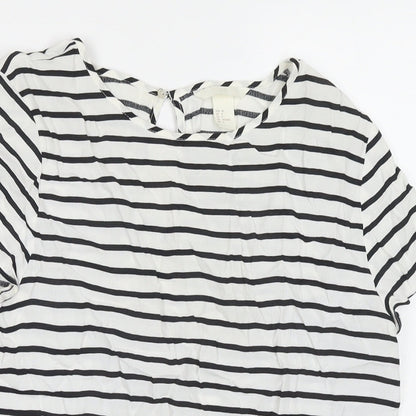 H&M Womens White Striped Viscose Basic T-Shirt Size 8 Round Neck