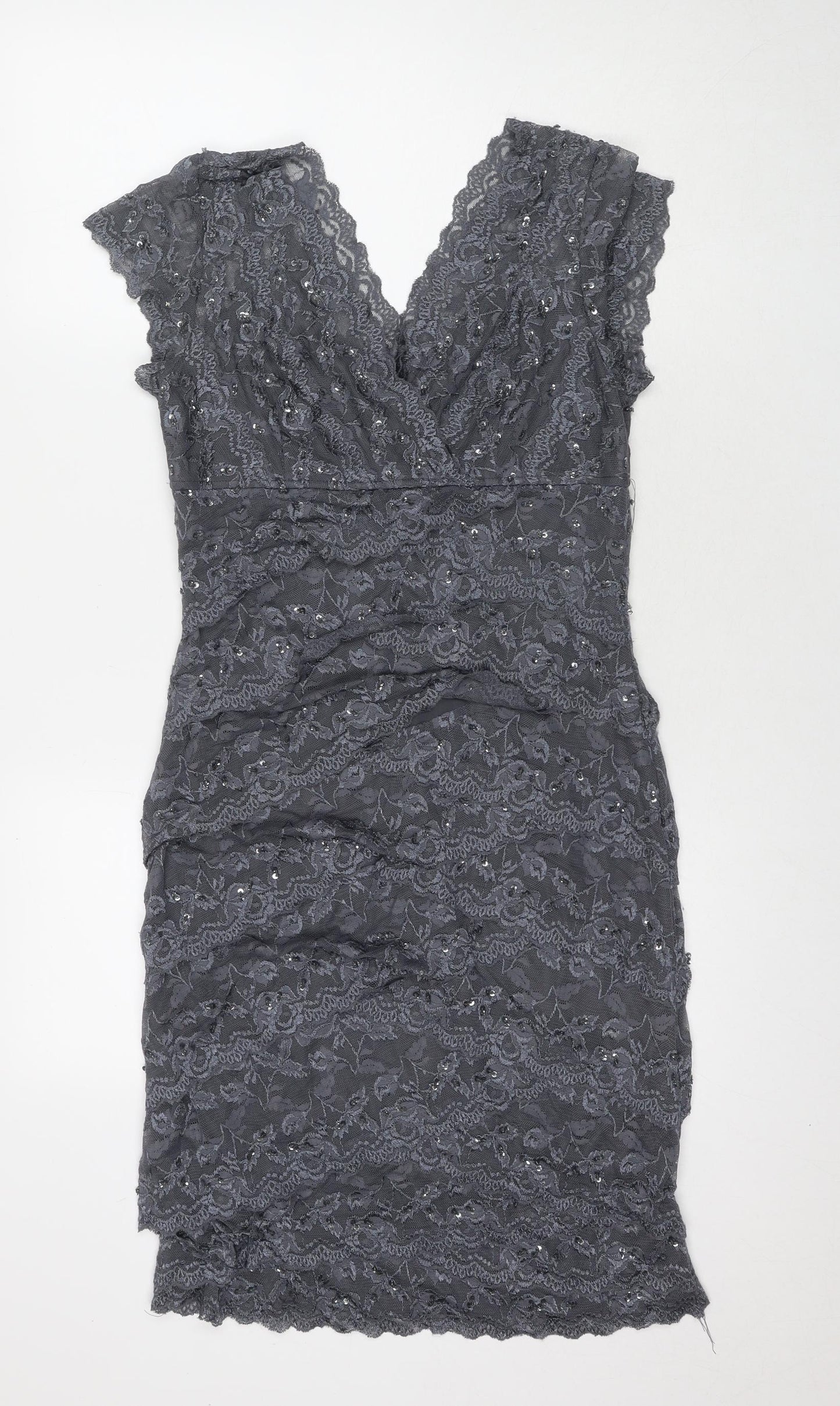 Marina Womens Grey Polyester A-Line Size 10 V-Neck Pullover - Sequin Detail