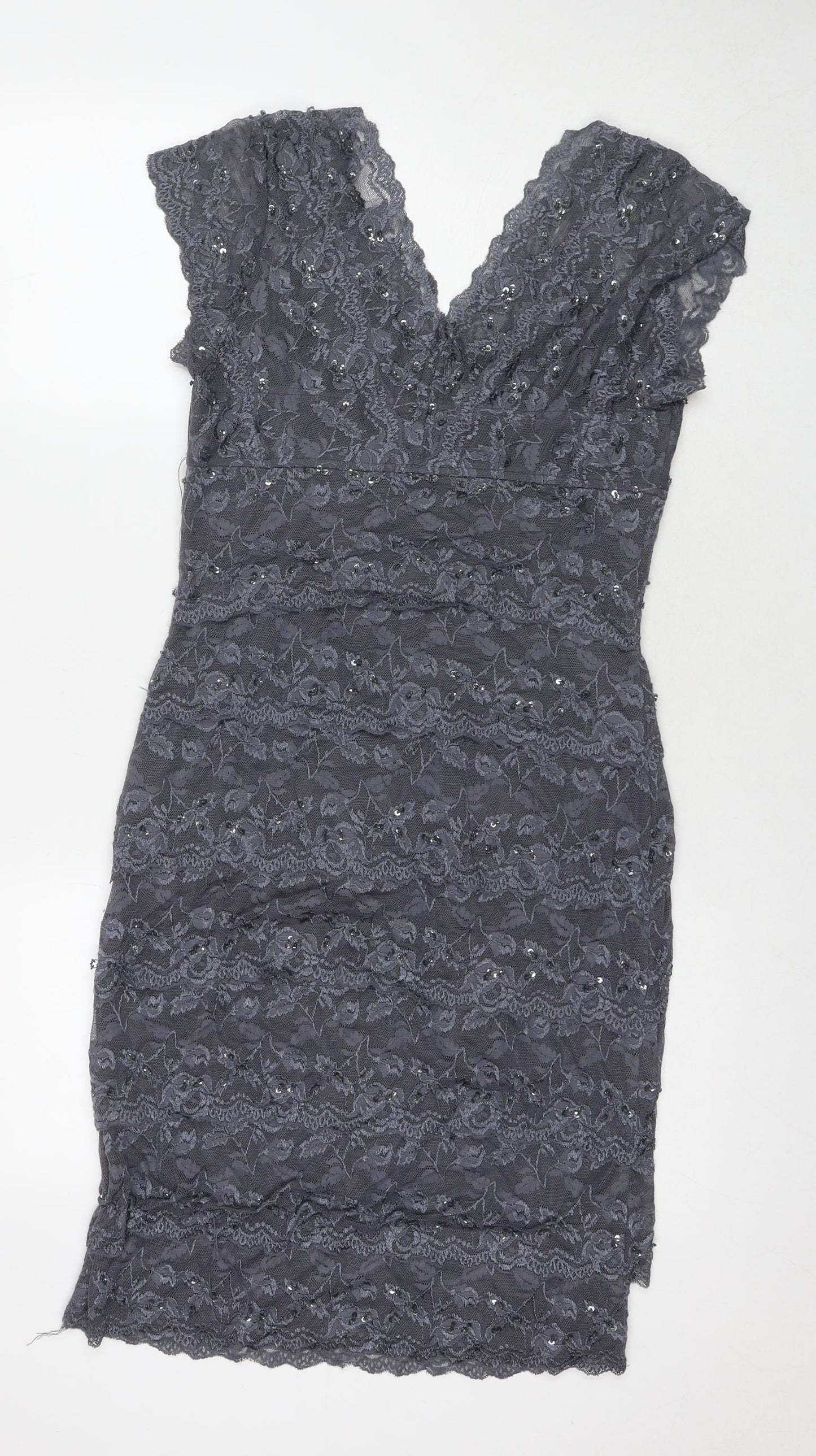 Marina Womens Grey Polyester A-Line Size 10 V-Neck Pullover - Sequin Detail