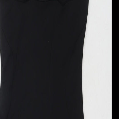 Brand and care label for Miss Selfridge women’s black polyester bodycon, size UK 8, round neck pullover