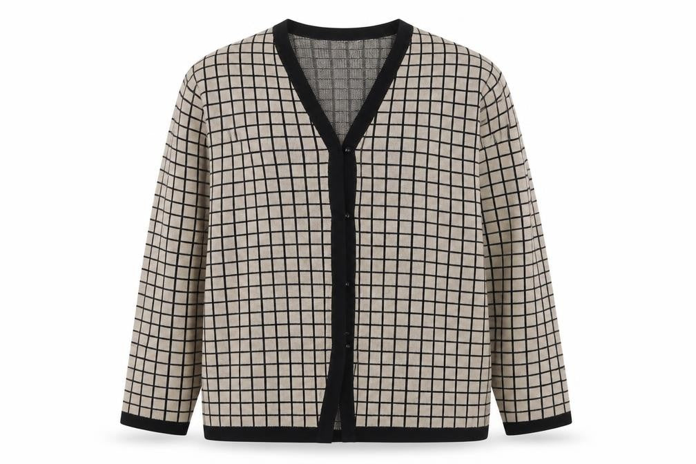 Missook Womens Brown V-Neck Check Acrylic Cardigan Jumper Size XL