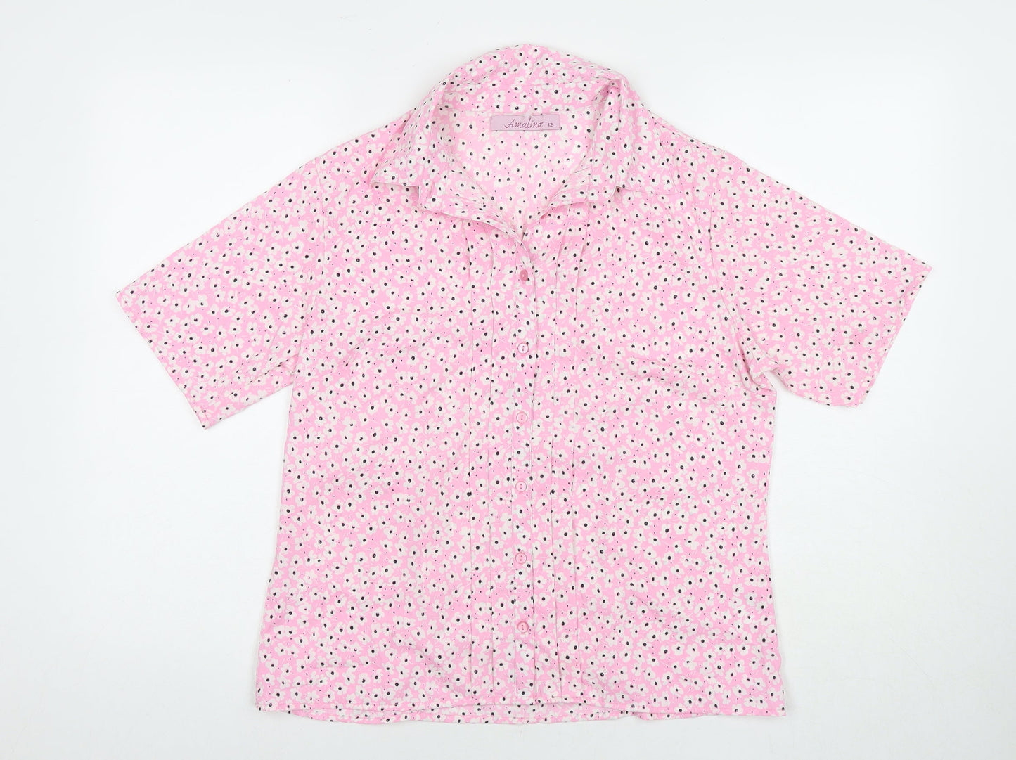 Amalina Womens Pink Floral Polyester Basic Button-Up Size 12 Collared