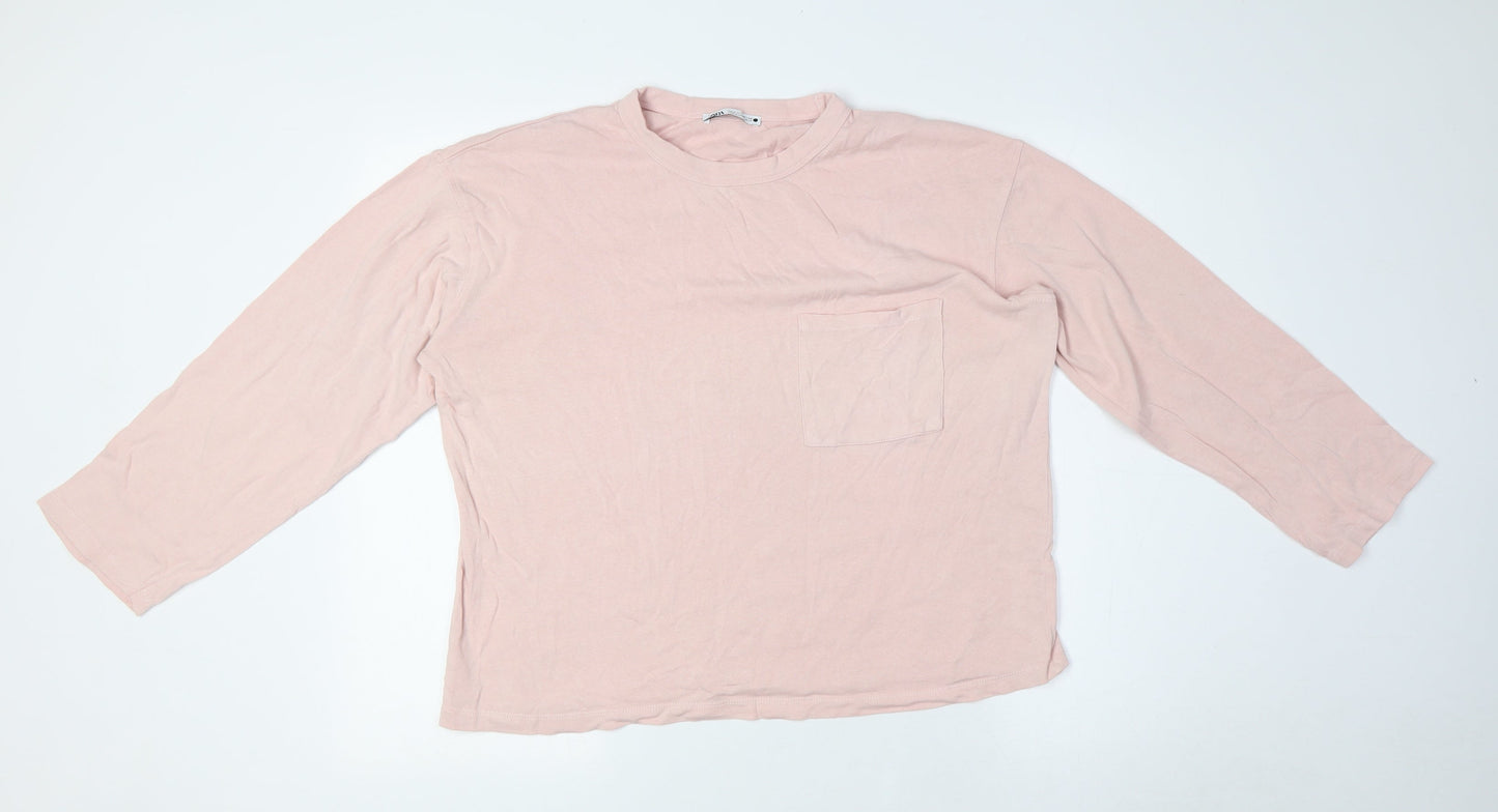 Zara Womens Pink Cotton Basic T-Shirt Size S Crew Neck - Breast Pocket