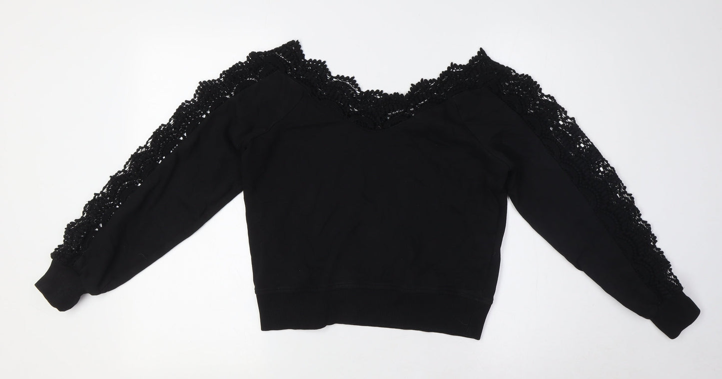 River Island Womens Black Cotton Basic Button-Up Size S V-Neck - Crochet Collar and Sleeves