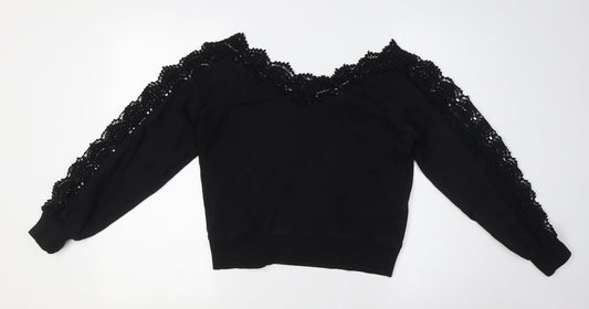 River Island Womens Black Cotton Basic Button-Up Size S V-Neck - Crochet Collar and Sleeves
