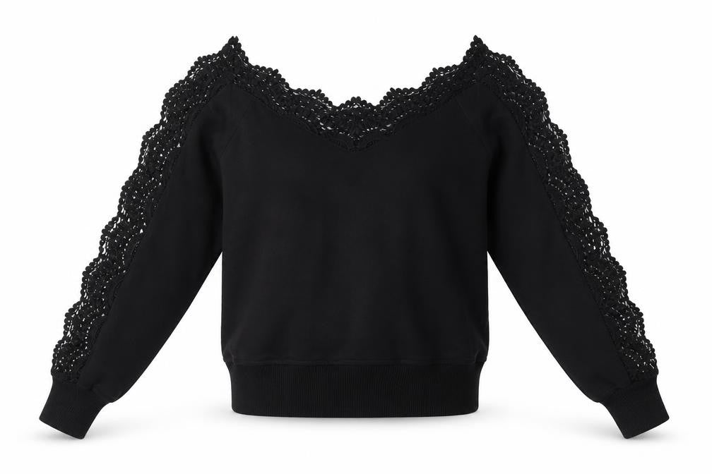 River Island Womens Black Cotton Basic Button-Up Size S V-Neck - Crochet Collar and Sleeves