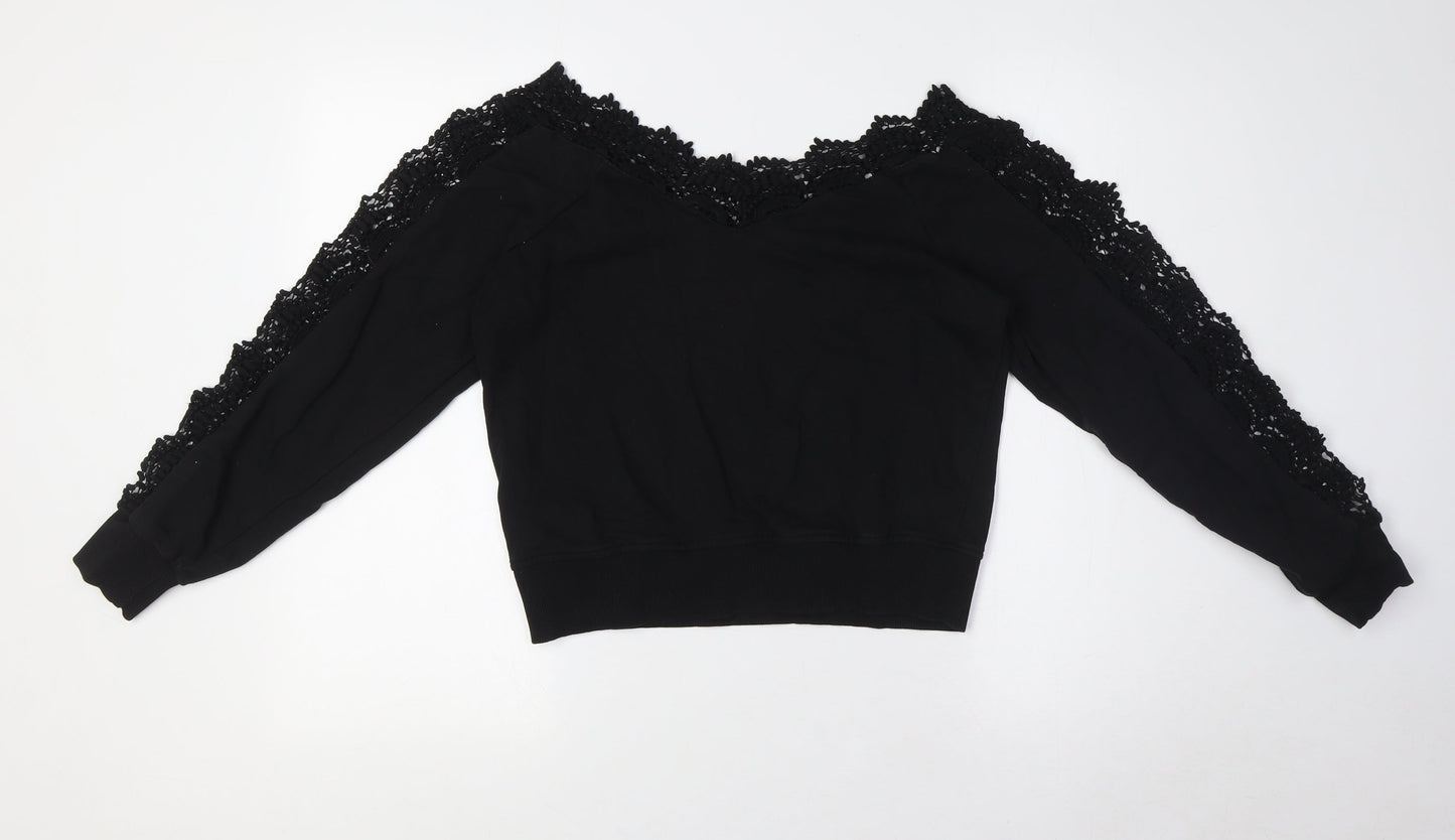 River Island Womens Black Cotton Basic Button-Up Size S V-Neck - Crochet Collar and Sleeves