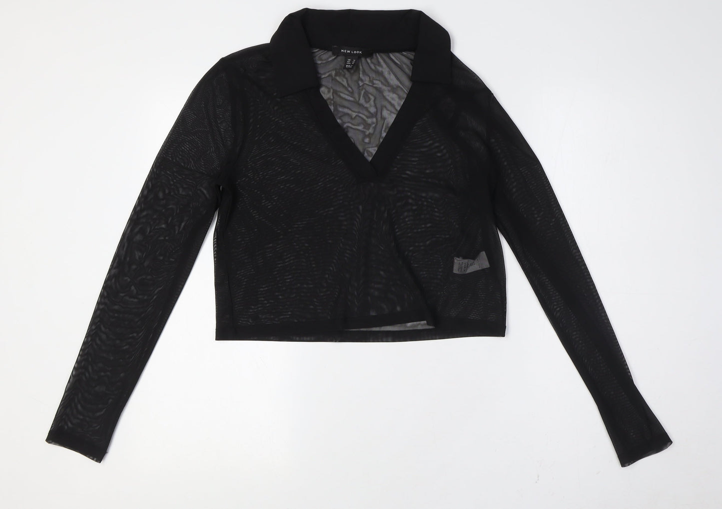 New Look Womens Black Polyester Basic Button-Up Size 14 Collared - Sheer