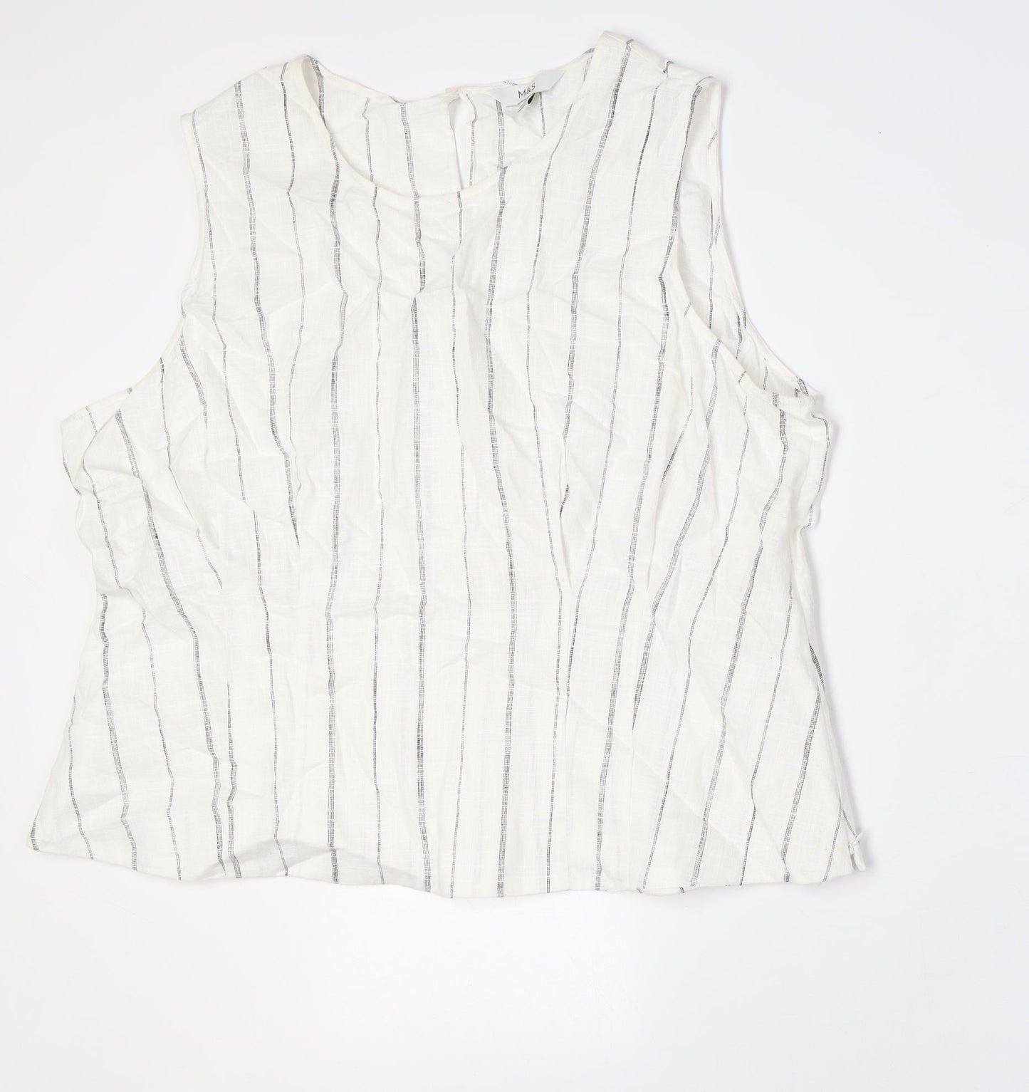 Marks and Spencer Womens White Striped Linen Basic Button-Up Size 22 Round Neck