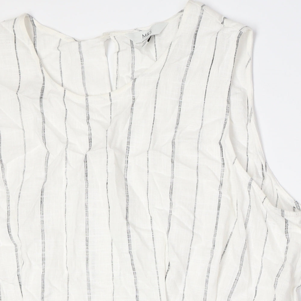 Marks and Spencer Womens White Striped Linen Basic Button-Up Size 22 Round Neck