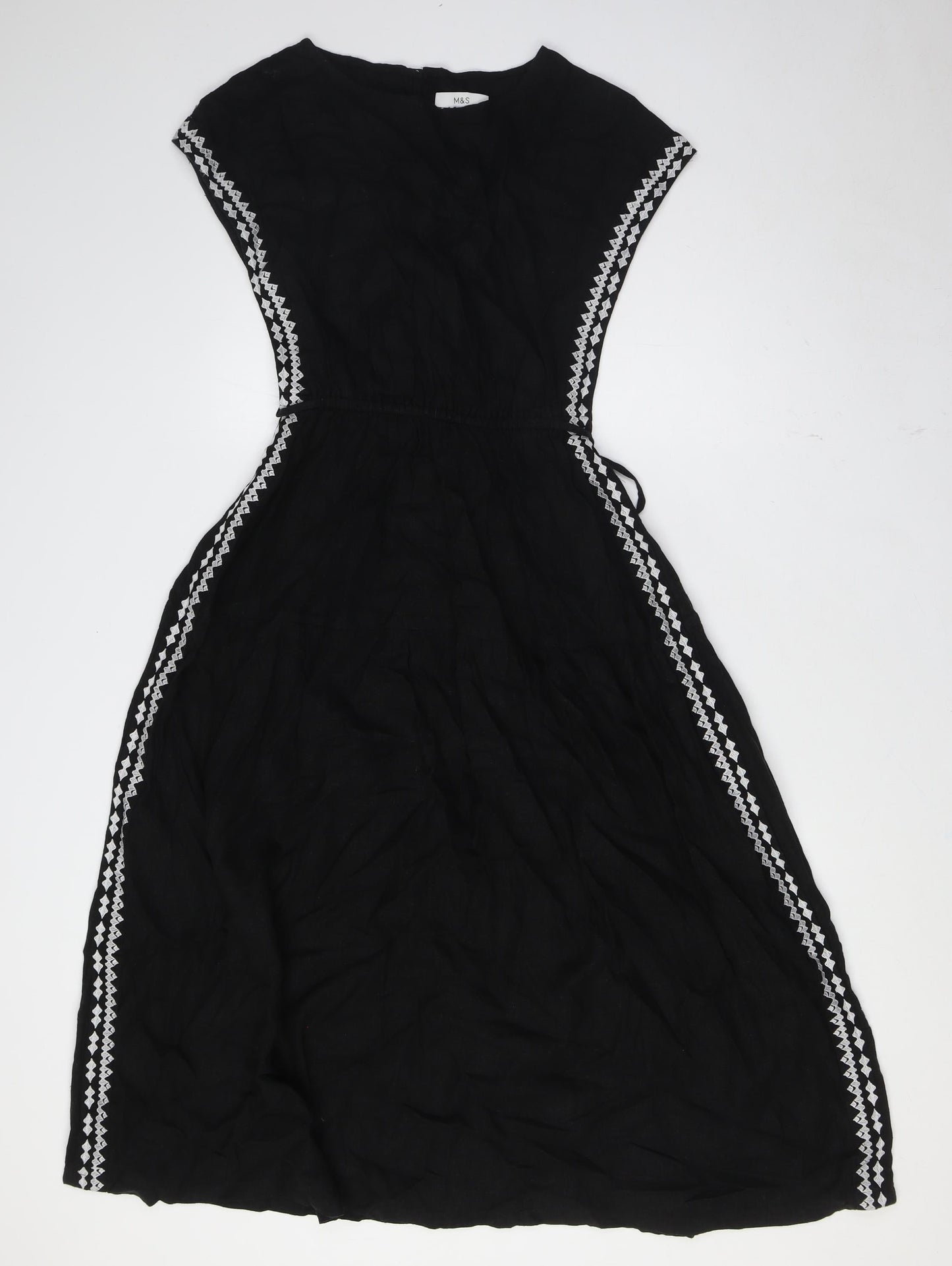 Marks and Spencer Womens Black Linen A-Line Size 6 Boat Neck - Tie Waist