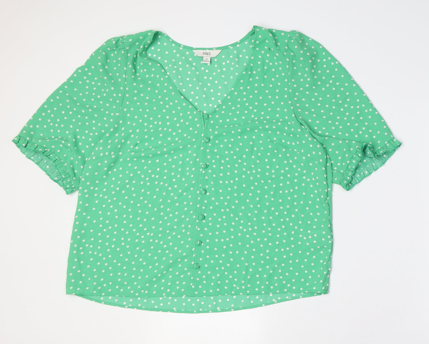 Marks and Spencer Womens Green Polka Dot Polyester Basic Button-Up Size 14 V-Neck