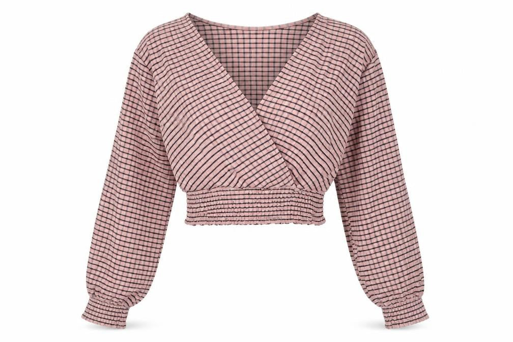 H&M Womens Pink Check Polyester Cropped Blouse Size XS Sweetheart