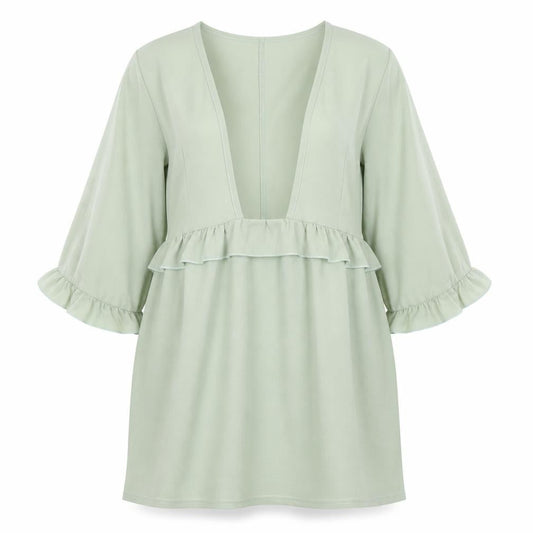 Front view of I SAW IT FIRST women’s green polyester a-line, size UK 8, v-neck