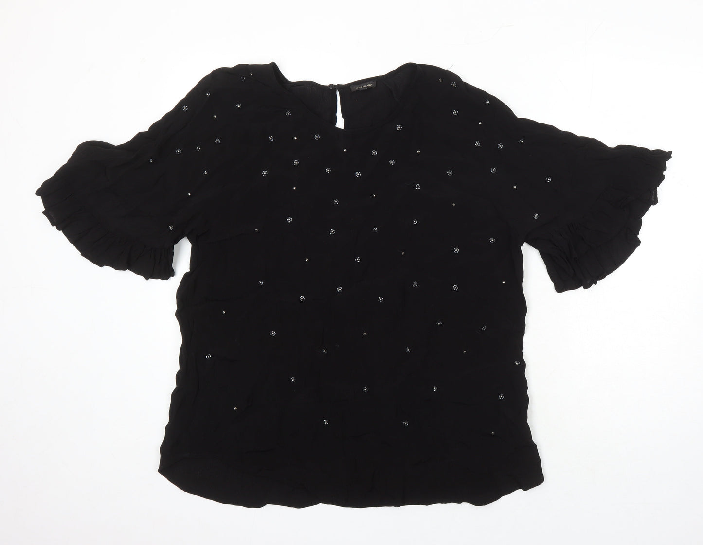 River Island Womens Black Viscose Tunic Blouse Size 18 Boat Neck - Beaded Detail