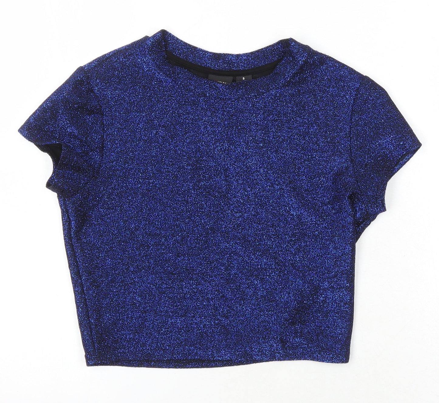 Sparkle & Fade Womens Blue Polyester Cropped T-Shirt Size S Roll Neck - Glitter Effect