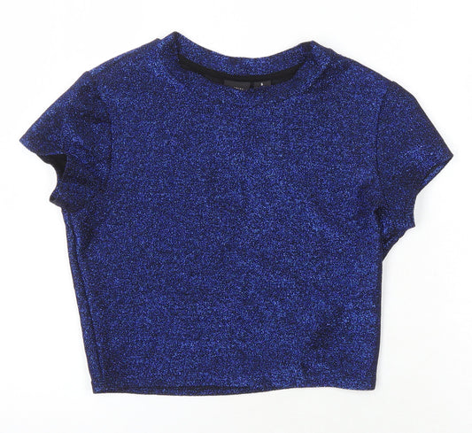 Sparkle & Fade Womens Blue Polyester Cropped T-Shirt Size S Roll Neck - Glitter Effect