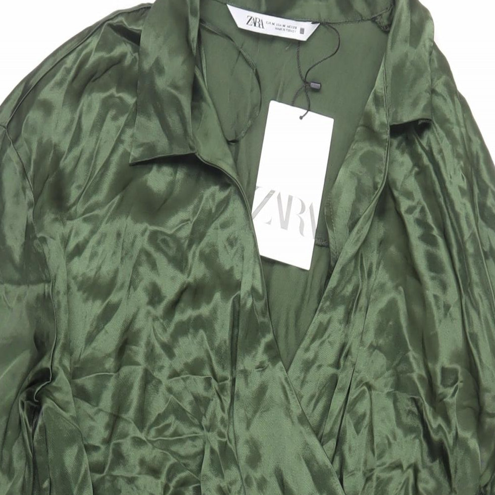 Zara Womens Green Viscose Shirt Dress Size M Collared Zip