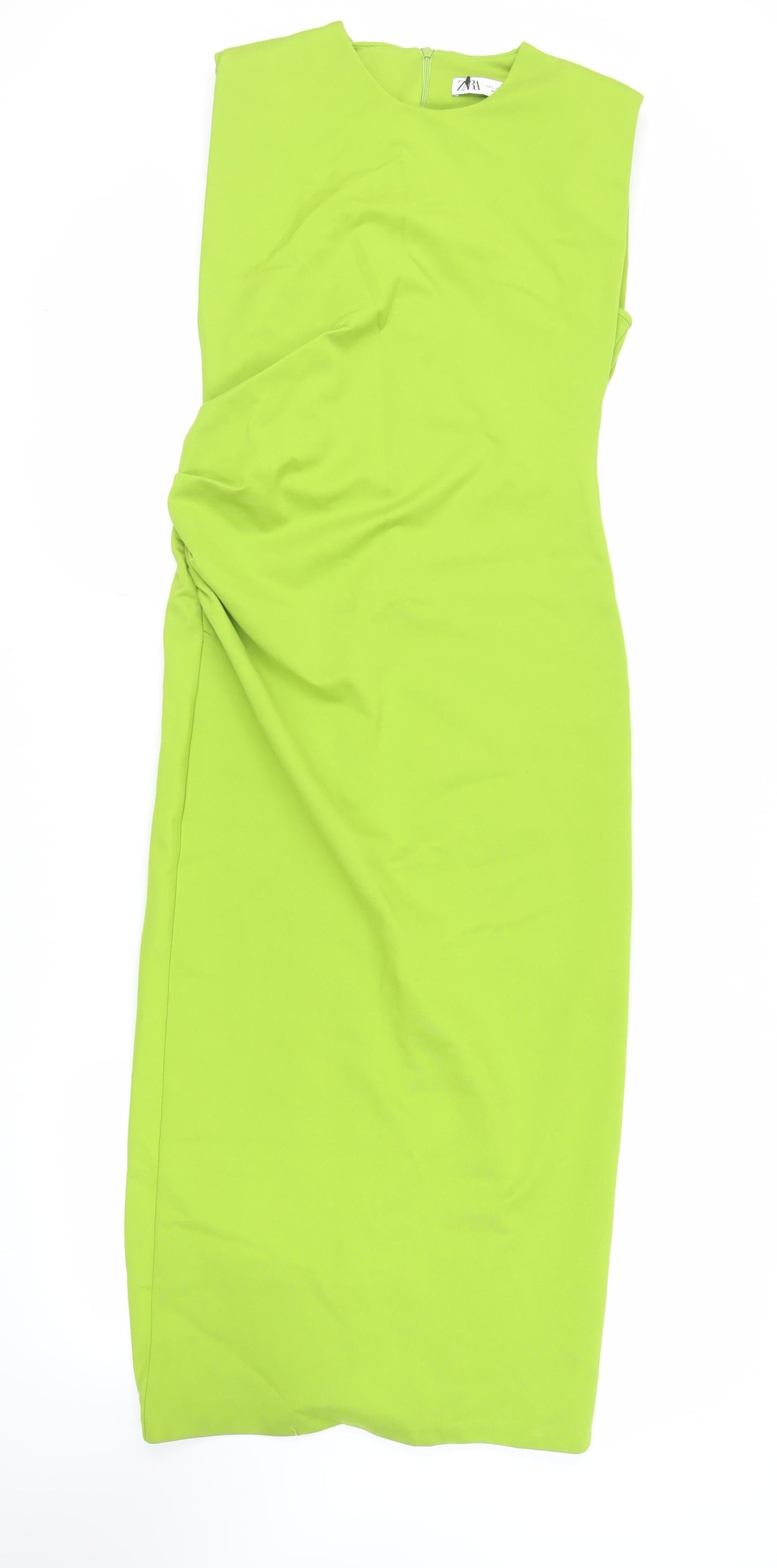 Zara Womens Green Polyester Sheath Size L Round Neck Zip - Ruched