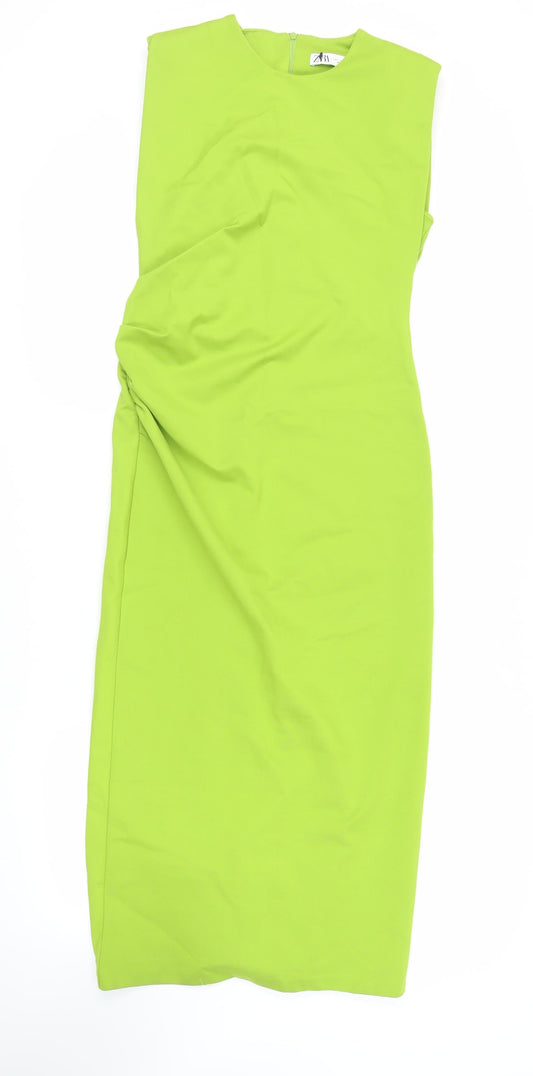 Zara Womens Green Polyester Sheath Size L Round Neck Zip - Ruched