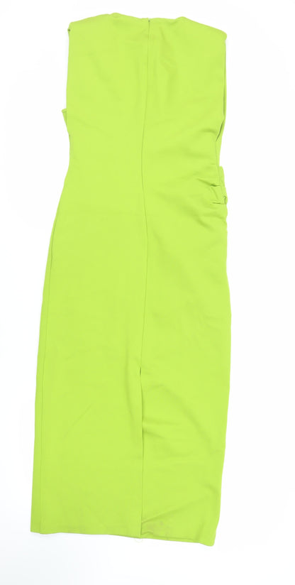 Zara Womens Green Polyester Sheath Size L Round Neck Zip - Ruched