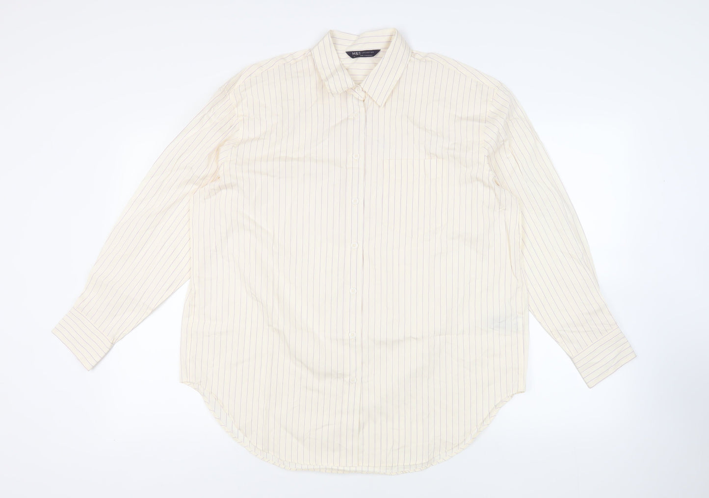 Marks and Spencer Womens Ivory Striped Cotton Basic Button-Up Size 14 Collared