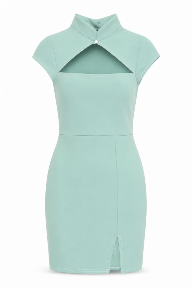 I SAW IT FIRST Womens Green Polyester Mini Size 10 Mock Neck Button - Cut Out Detail