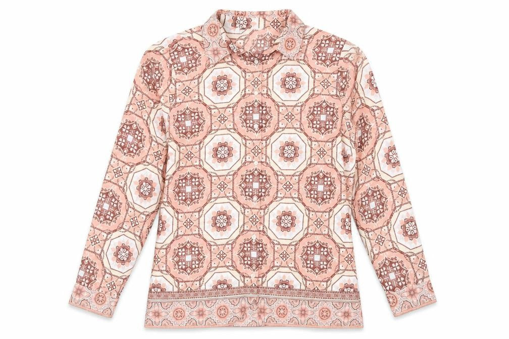 Marks & Spencer Womens Pink Geometric Polyester Basic Button-Up Size 14 Collared - Mosaic Print