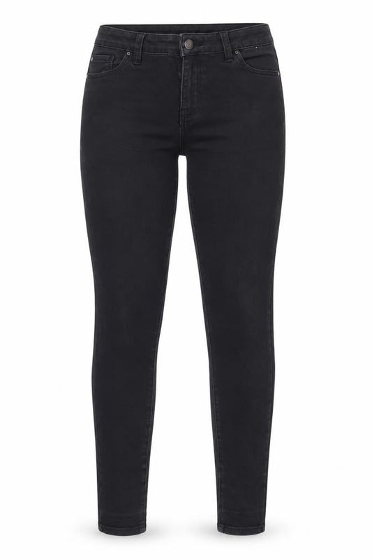 Front view of Denim & Co. women’s black cotton skinny jeans, size UK 12, 32-inch leg regular zip
